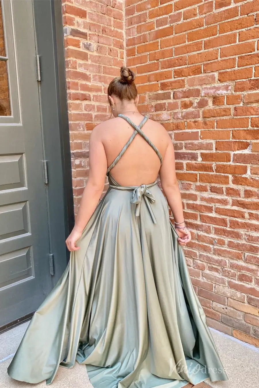 Sage Green Satin Halter Formal Dress with Crisscross Open Back and A-Line Skirt – AS027-prom dresses 2025 -Viniodress-Sage-Custom Size-