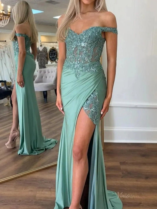 Sage Green Satin Mermaid Prom Dress 2025 with Slit & Lace Sheer Bodice – FD5046-prom dresses 2025 -Viniodress-Green-Custom Size-
