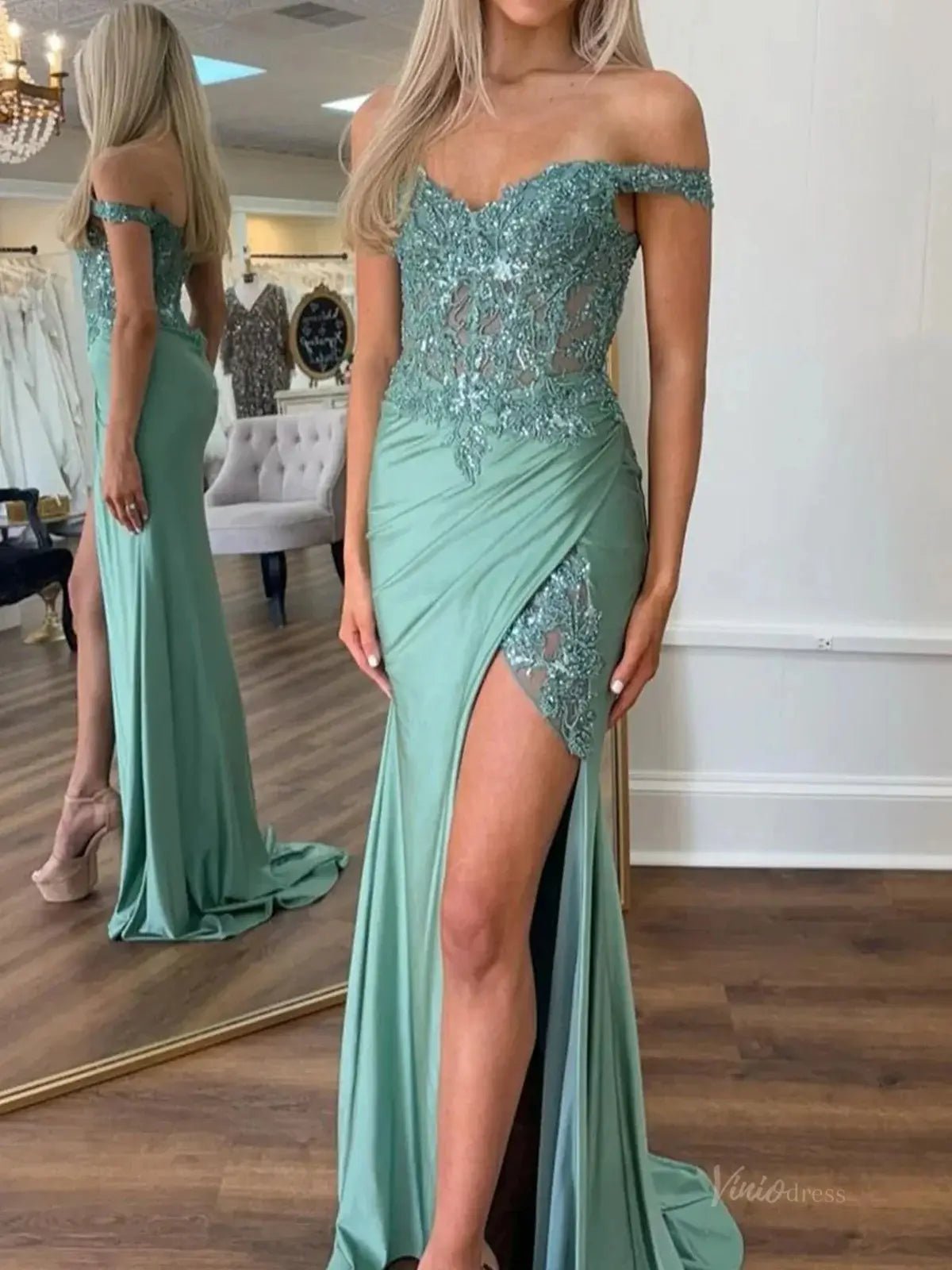 Sage Green Satin Mermaid Prom Dress 2025 with Slit & Lace Sheer Bodice – FD5046 - Viniodressprom dressesGreenCustom Size - Formal Dresses - Ball Gowns