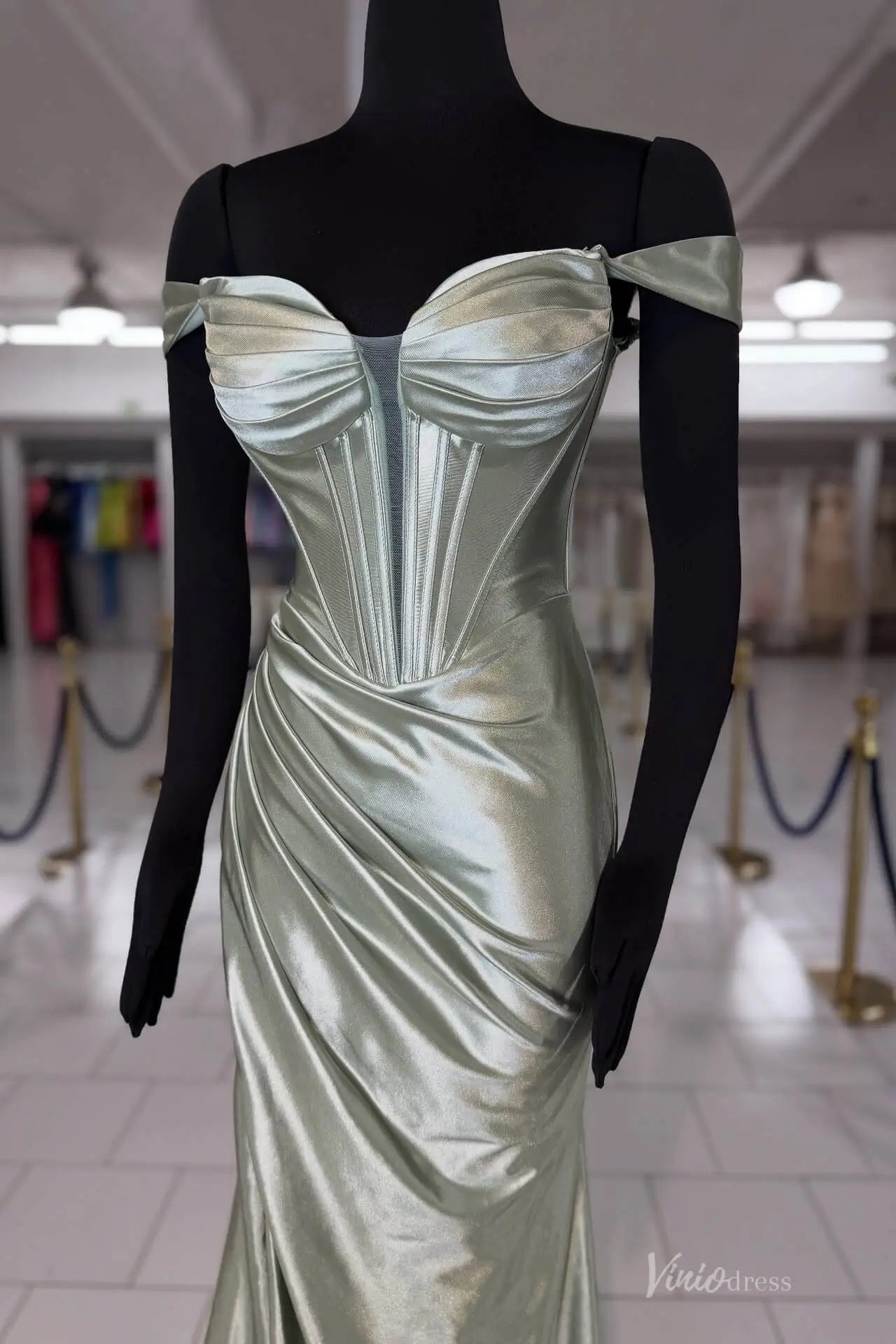 Sage Green Satin Mermaid Prom Dress with Off-the-Shoulder Corset Bodice & High Slit – SS170-prom dresses 2026-Viniodress-Sage Green-Custom Size-