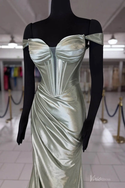 Sage Green Satin Mermaid Prom Dress with Off-the-Shoulder Corset Bodice & High Slit – SS170-prom dresses 2026-Viniodress-Sage Green-Custom Size-