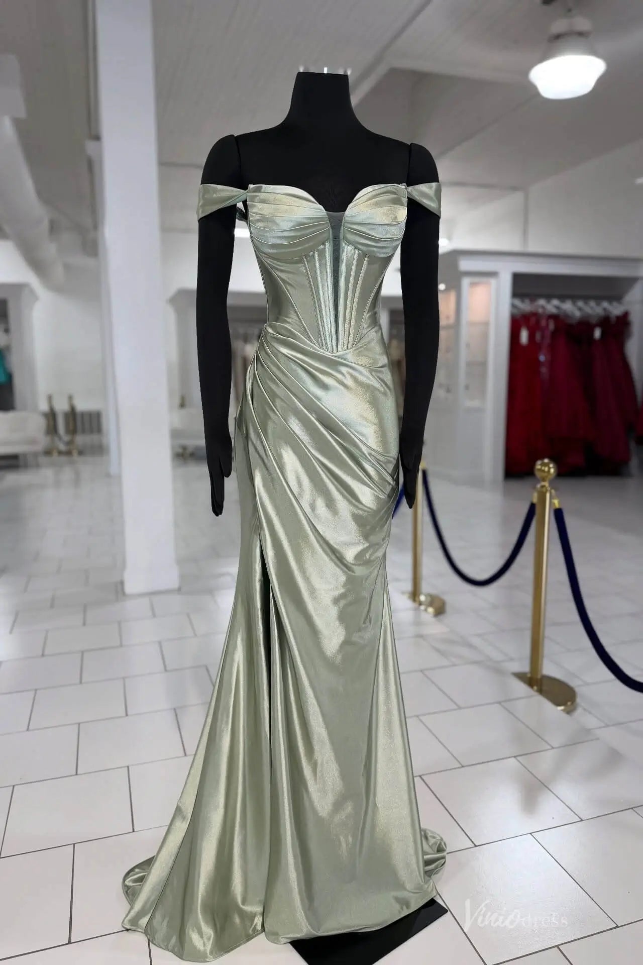 Sage Green Satin Mermaid Prom Dress with Off-the-Shoulder Corset Bodice & High Slit – SS170