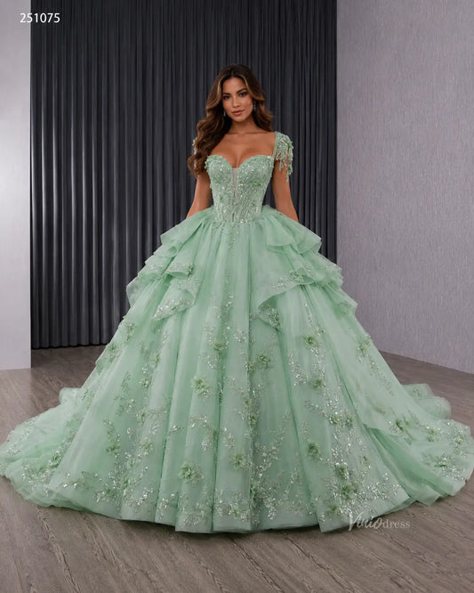 Sage Green Sparkly Ruffle Quinceañera Dress with Glitter Tulle Skirt & Illusion Plunge Neck– 251075-Quinceanera Dresses 2026-Viniodress-Sage Green-Custom Size – Add Measurements in Cart-