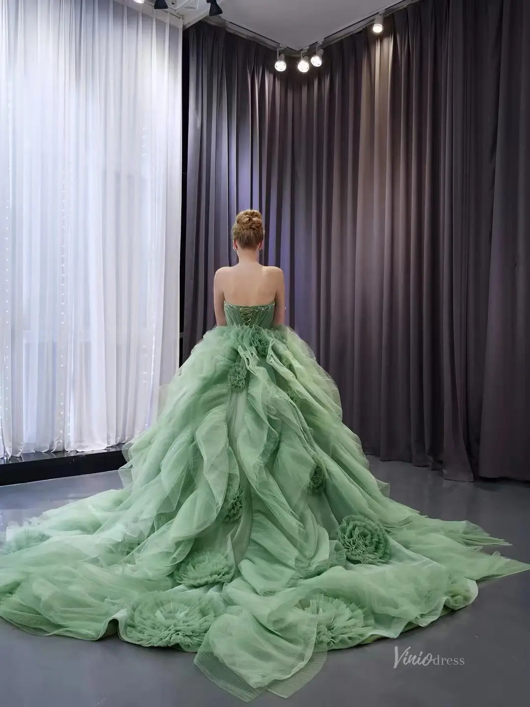 Sage Green Strapless Tulle Quinceañera Dress with Ruffled Skirt 241135-Quinceanera Dresses 2026-Viniodress-Sage Green-Custom Size-