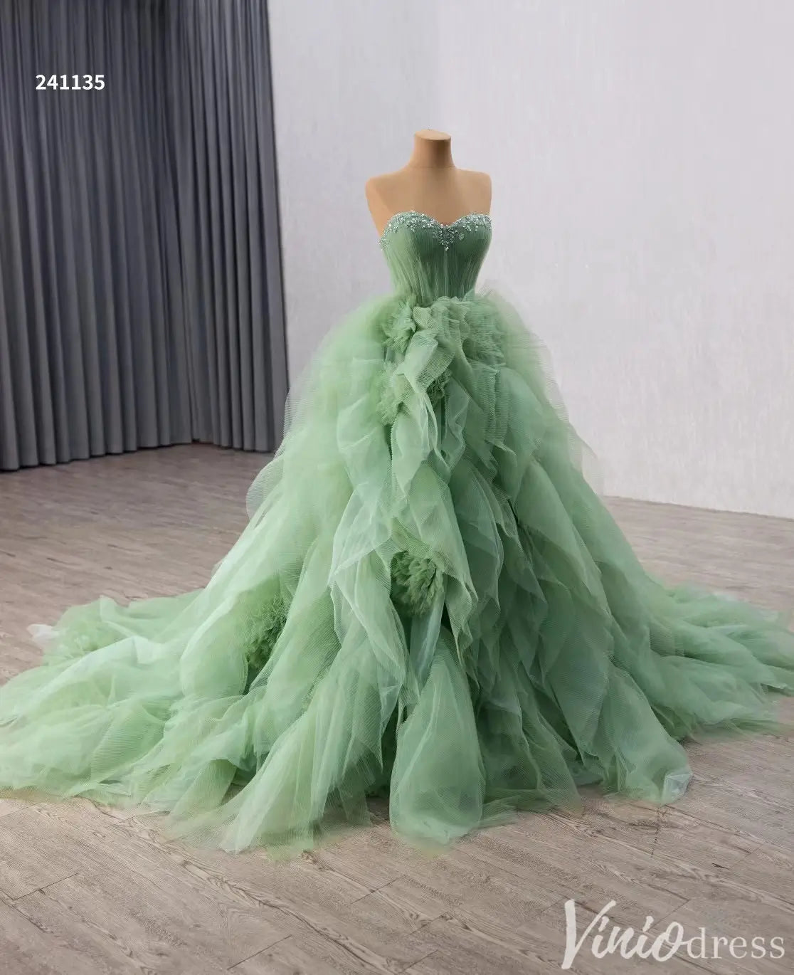 Green Strapless Tulle Quinceañera Dress with Ruffled Skirt 241135-Quinceanera Dresses 2025 -Viniodress-Green-Custom Size-