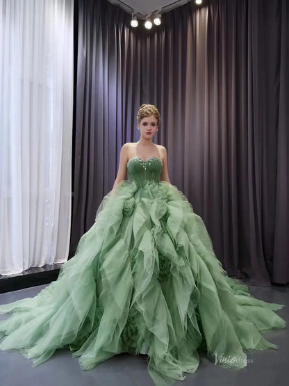 Sage Green Strapless Tulle Quinceañera Dress with Ruffled Skirt 241135-Quinceanera Dresses 2026-Viniodress-Sage Green-Custom Size-