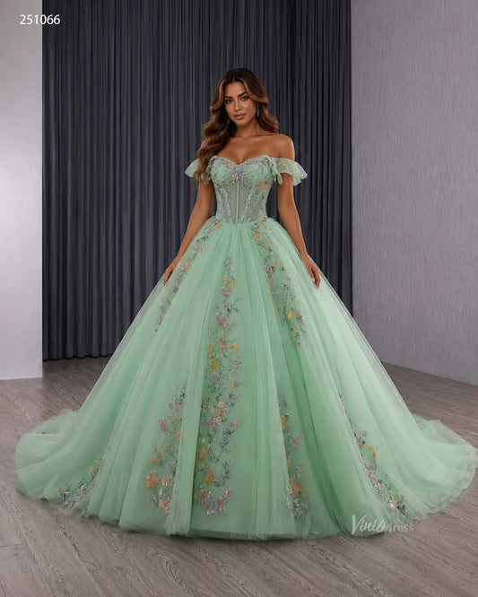 Sage Green Tulle Ball Gown Quinceañera Dress | Off-the-Shoulder Floral Embroidery & Corset Back 251066-Quinceanera Dresses 2026-Viniodress-Sage Green-Custom Size – Add Measurements in Cart-