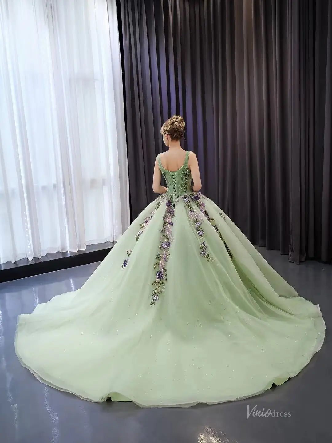 Sage Green Tulle Ball Gown Wedding Dress | Floral Appliqu Quinceaera Viniodress Sage Green Tulle Ball Gown Wedding Dress | Floral Appliqu Quinceaera Viniodress