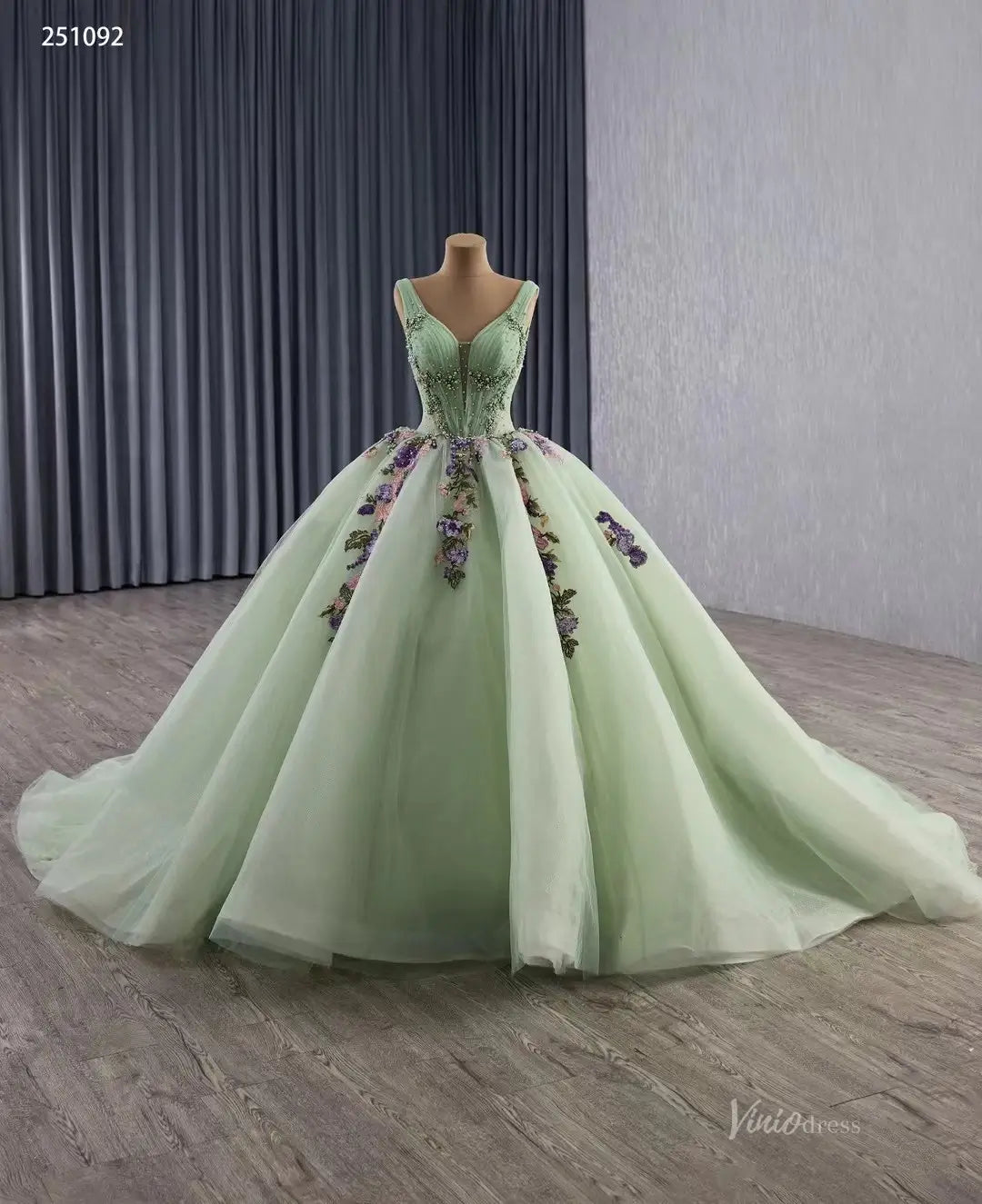 Sage Green Tulle Ball Gown Wedding Dress | Floral Appliqu Quinceaera Viniodress Sage Green Tulle Ball Gown Wedding Dress | Floral Appliqu Quinceaera Viniodress