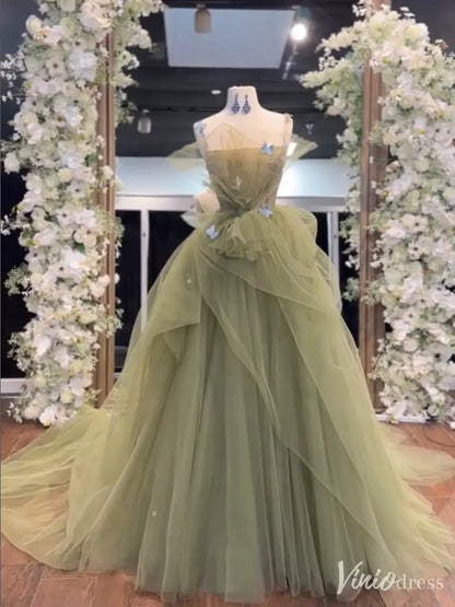 Sage Green Tulle Ball Gown with Bow Bodice, Butterfly Appliqués, and Layered Skirt – FD6150-prom dresses 2025 -Viniodress-Sage-Custom Size-