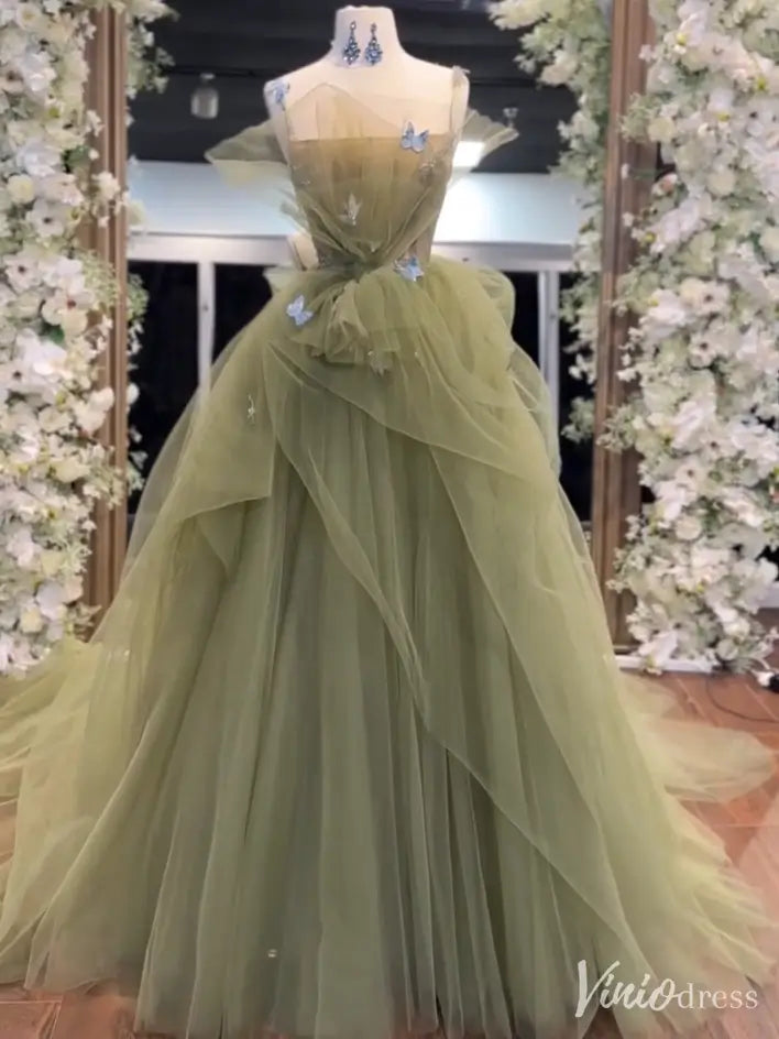 Sage Green Tulle Ball Gown with Bow Bodice, Butterfly Appliqués, and Layered Skirt – FD6150-prom dresses 2025 -Viniodress-Sage-Custom Size-