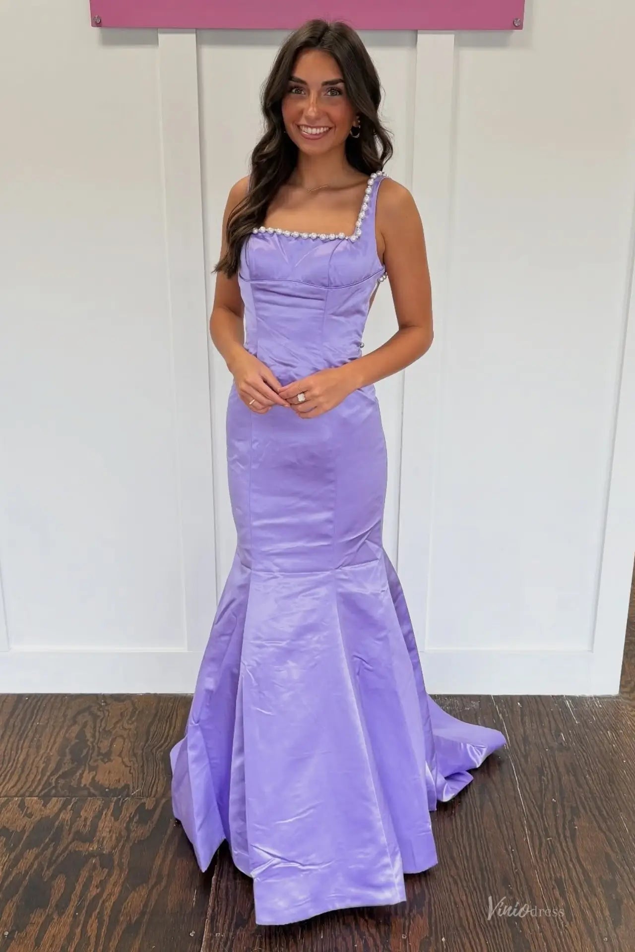 Sage Pearl Trim Satin Mermaid Prom Dress with Square Neckline & Sweep Train – SS280-prom dresses 2026-Viniodress-Lavender-Custom Size – Add Measurements in Cart-