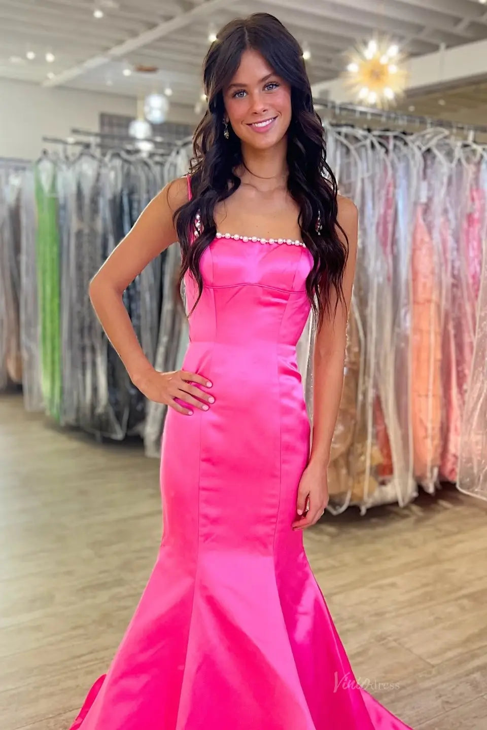 Hot Pink Pearl Trim Satin Mermaid Prom Dress SS275 Viniodress Hot Pink Pearl Trim Satin Mermaid Prom Dress SS275 Viniodress