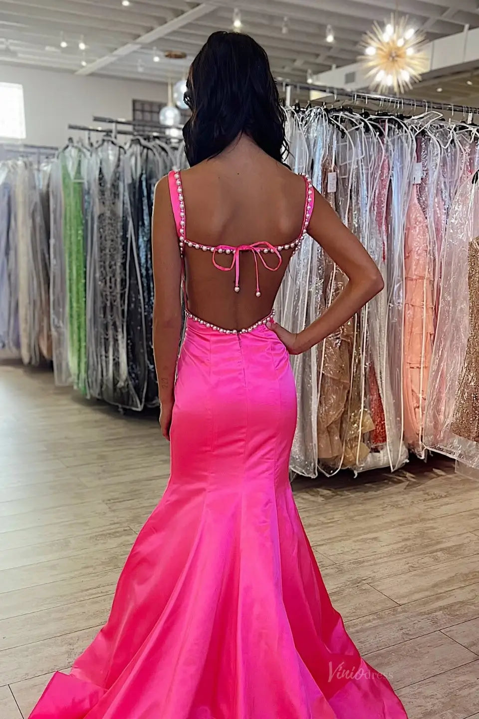 Sage Pearl Trim Satin Mermaid Prom Dress with Square Neckline & Sweep Train – SS280-prom dresses 2026-Viniodress-Sage-Custom Size – Add Measurements in Cart-