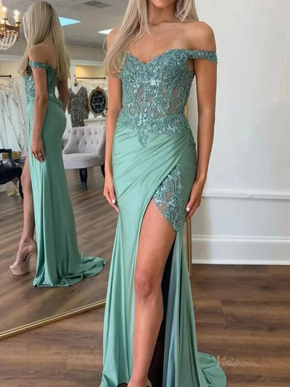 Sage Green Satin Mermaid Prom Dress 2025 with Slit & Lace Sheer Bodice – FD5046-prom dresses 2025 -Viniodress-Green-Custom Size-