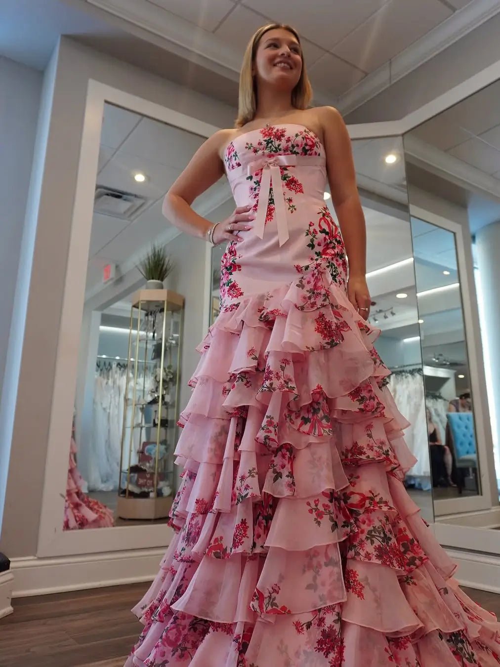 Pink Strapless Floral Mermaid Prom Dress with Tiered Bottom - FD6064-prom dresses 2025 -Viniodress-Pink-Custom Size-