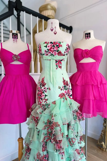 Sage Strapless Floral Mermaid Prom Dress with Tiered Chiffon Skirt & High Slit - RF057-prom dresses 2026-Viniodress-Pink-Custom Size-