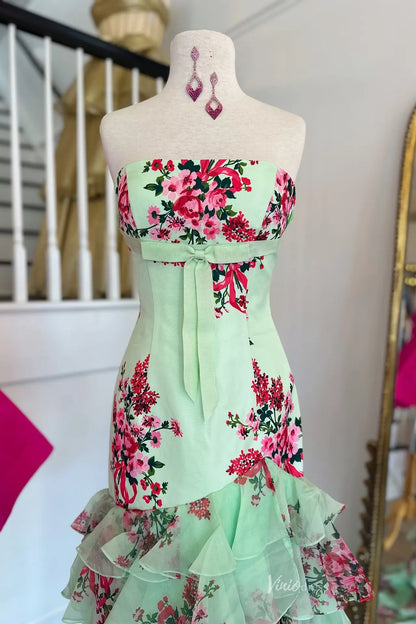 Sage Strapless Floral Mermaid Prom Dress with Tiered Chiffon Skirt & High Slit - RF057-prom dresses 2026-Viniodress-Pink-Custom Size-