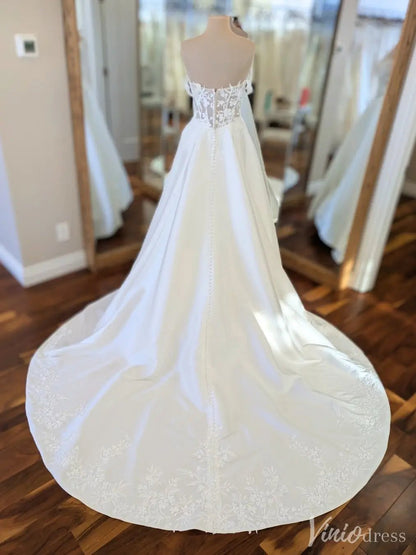 Satin A-Line Wedding Gown with Sheer Lace Bodice and Embroidered Button Train – VW2556-wedding dresses 2025 -Viniodress-White-Custom Size-