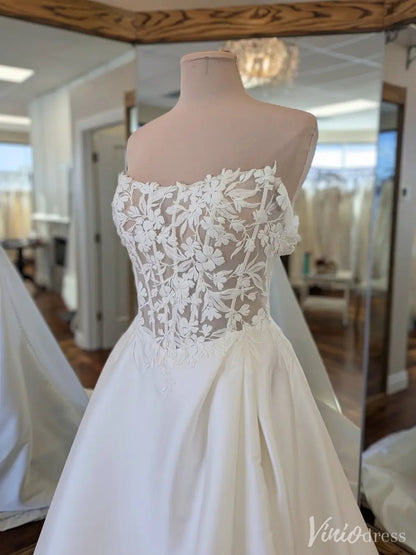 Satin A-Line Wedding Gown with Sheer Lace Bodice and Embroidered Button Train – VW2556-wedding dresses 2025 -Viniodress-White-Custom Size-