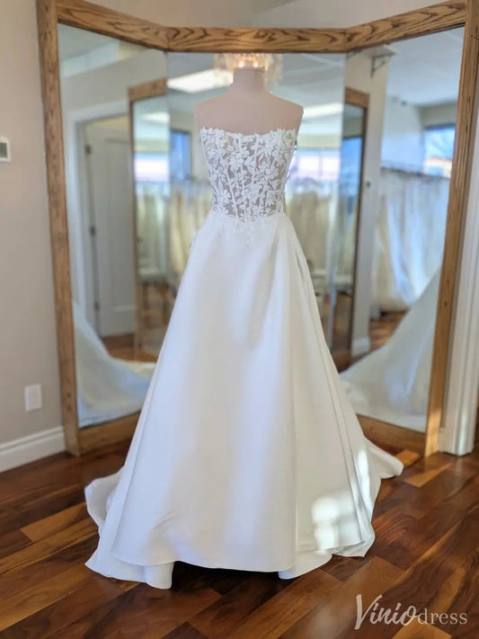 Satin A-Line Wedding Gown with Sheer Lace Bodice and Embroidered Button Train – VW2556-wedding dresses 2025 -Viniodress-White-Custom Size-