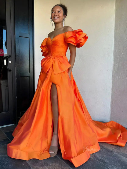 Satin Bow-Tie Prom Dresses 2025 Off the Shoulder Formal Gown with Slit & Puffed Sleeve - FD5126-prom dresses 2025 -Viniodress-Orange-Custom Size-
