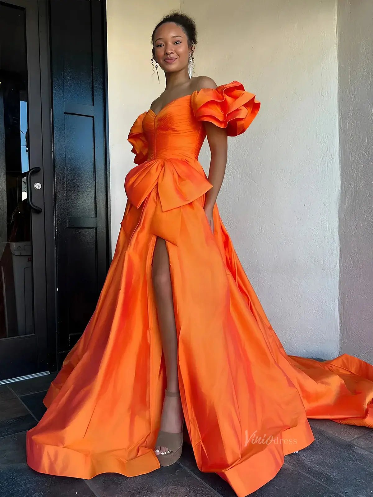 Satin Bow-Tie Prom Dresses 2025 Off the Shoulder Formal Gown with Slit & Puffed Sleeve - FD5126-prom dresses 2025 -Viniodress-Orange-Custom Size-