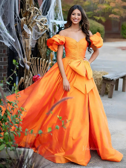 Satin Bow-Tie Prom Dresses 2025 Off the Shoulder Formal Gown with Slit & Puffed Sleeve - FD5126-prom dresses 2025 -Viniodress-Orange-Custom Size-