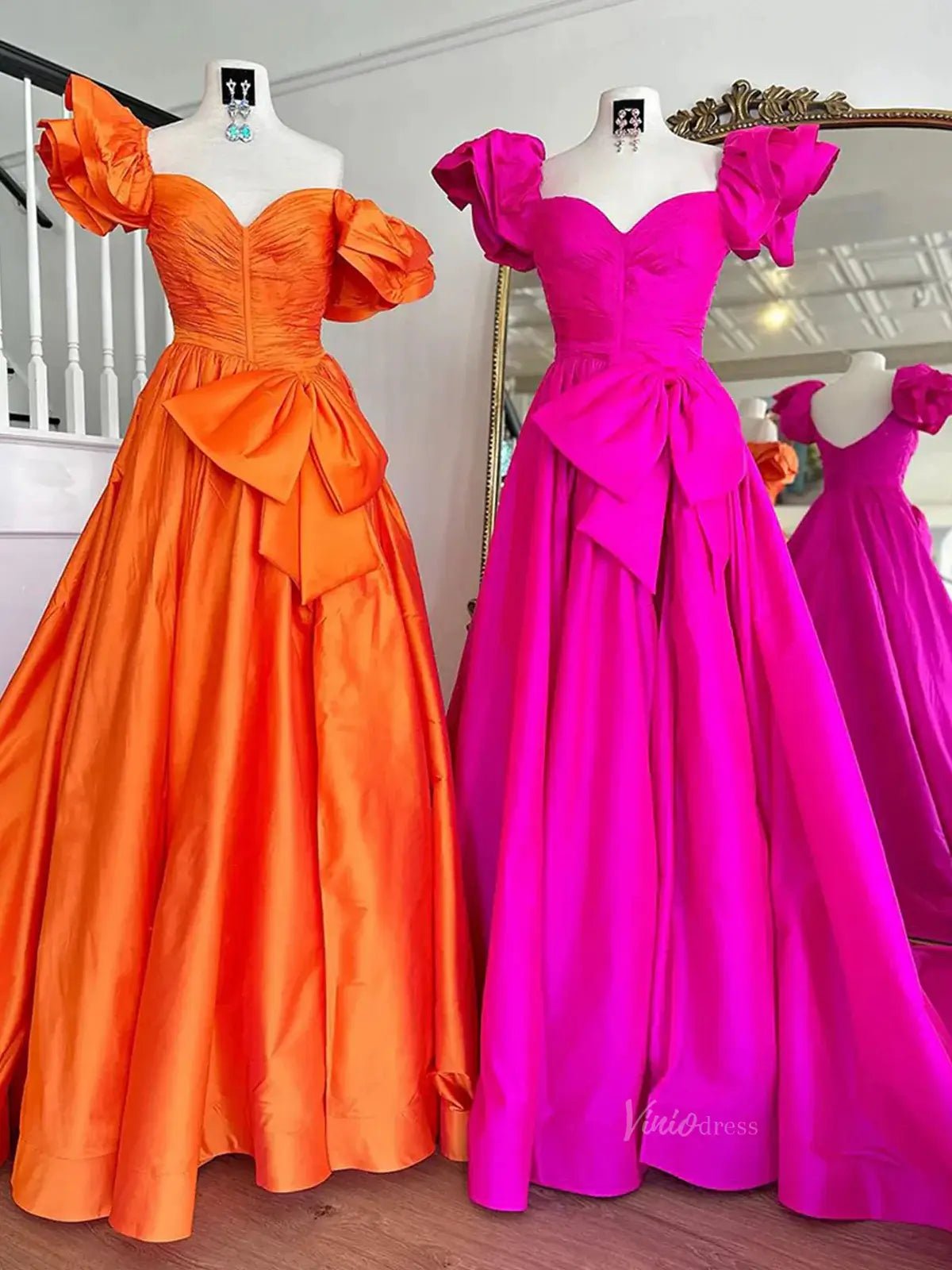 Satin Bow-Tie Prom Dresses 2025 Off the Shoulder Formal Gown with Slit & Puffed Sleeve - FD5126-prom dresses 2025 -Viniodress-Orange-Custom Size-