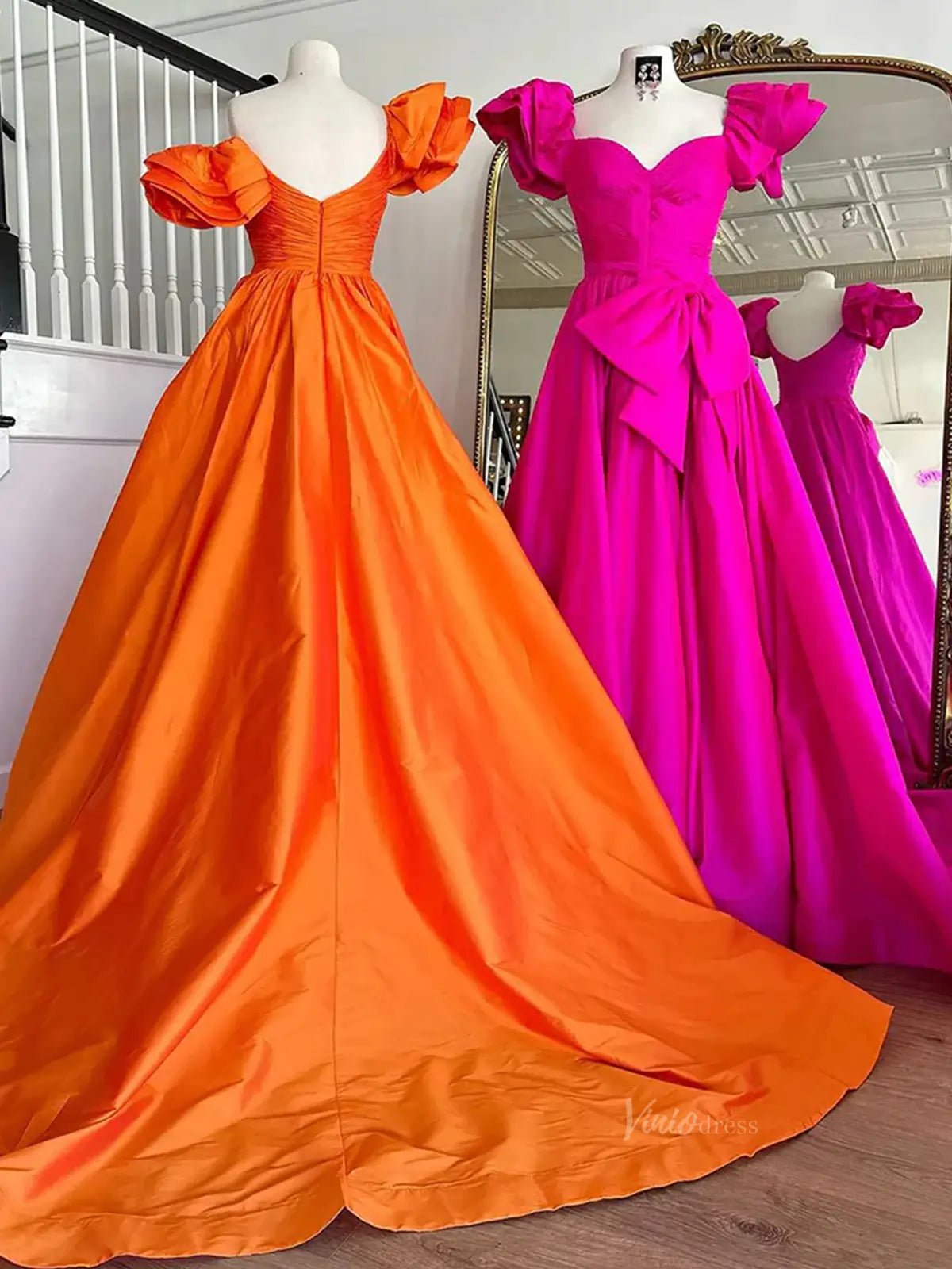 Satin Bow-Tie Prom Dresses 2025 Off the Shoulder Formal Gown with Slit & Puffed Sleeve - FD5126-prom dresses 2025 -Viniodress-Orange-Custom Size-