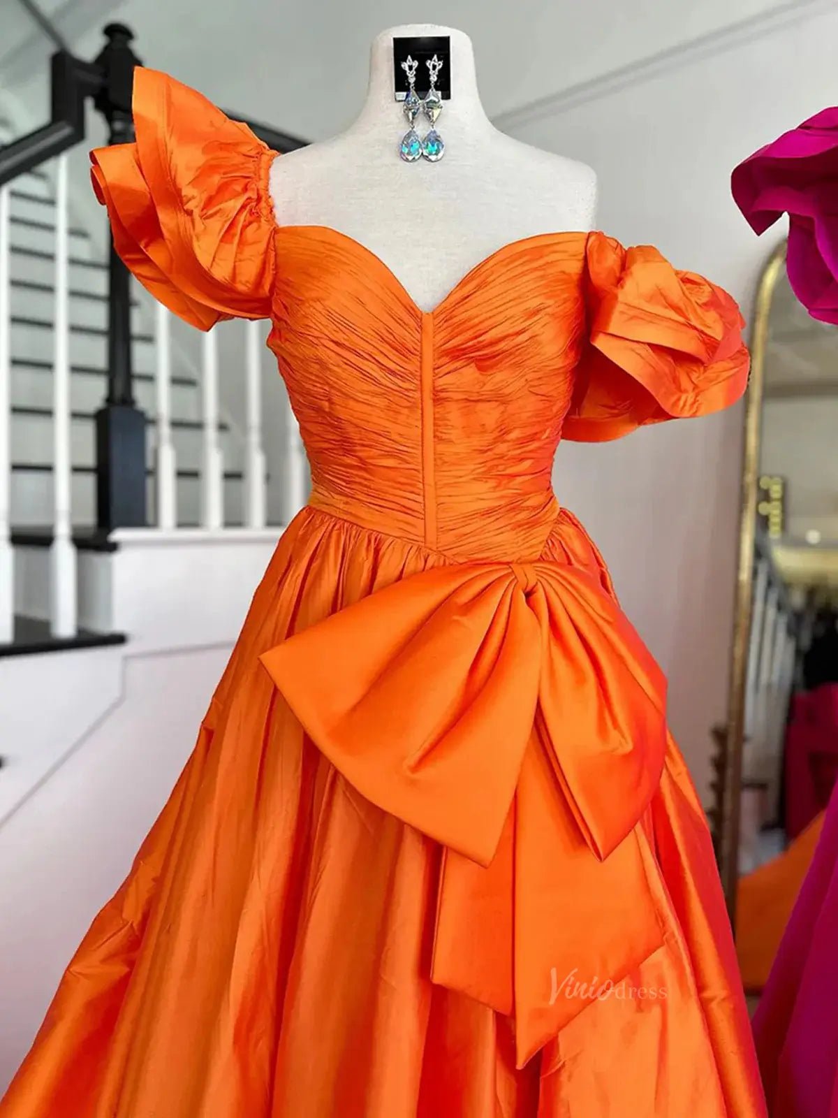 Satin Bow-Tie Prom Dresses 2025 Off the Shoulder Formal Gown with Slit & Puffed Sleeve - FD5126-prom dresses 2025 -Viniodress-Orange-Custom Size-