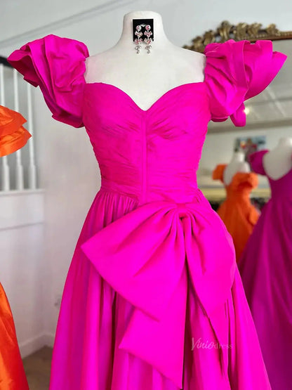 Satin Bow-Tie Prom Dresses 2025 Off the Shoulder Formal Gown with Slit & Puffed Sleeve - FD5126-prom dresses 2025 -Viniodress-Orange-Custom Size-