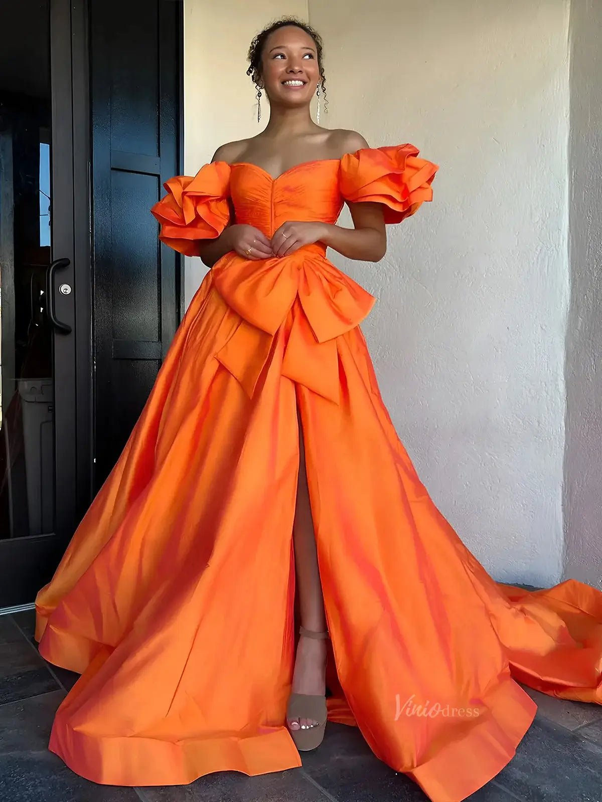 Satin Bow-Tie Prom Dresses 2025 Off the Shoulder Formal Gown with Slit & Puffed Sleeve - FD5126-prom dresses 2025 -Viniodress-Orange-Custom Size-