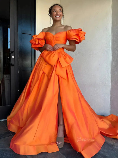 Satin Bow-Tie Prom Dresses 2025 Off the Shoulder Formal Gown with Slit & Puffed Sleeve - FD5126-prom dresses 2025 -Viniodress-Orange-Custom Size-