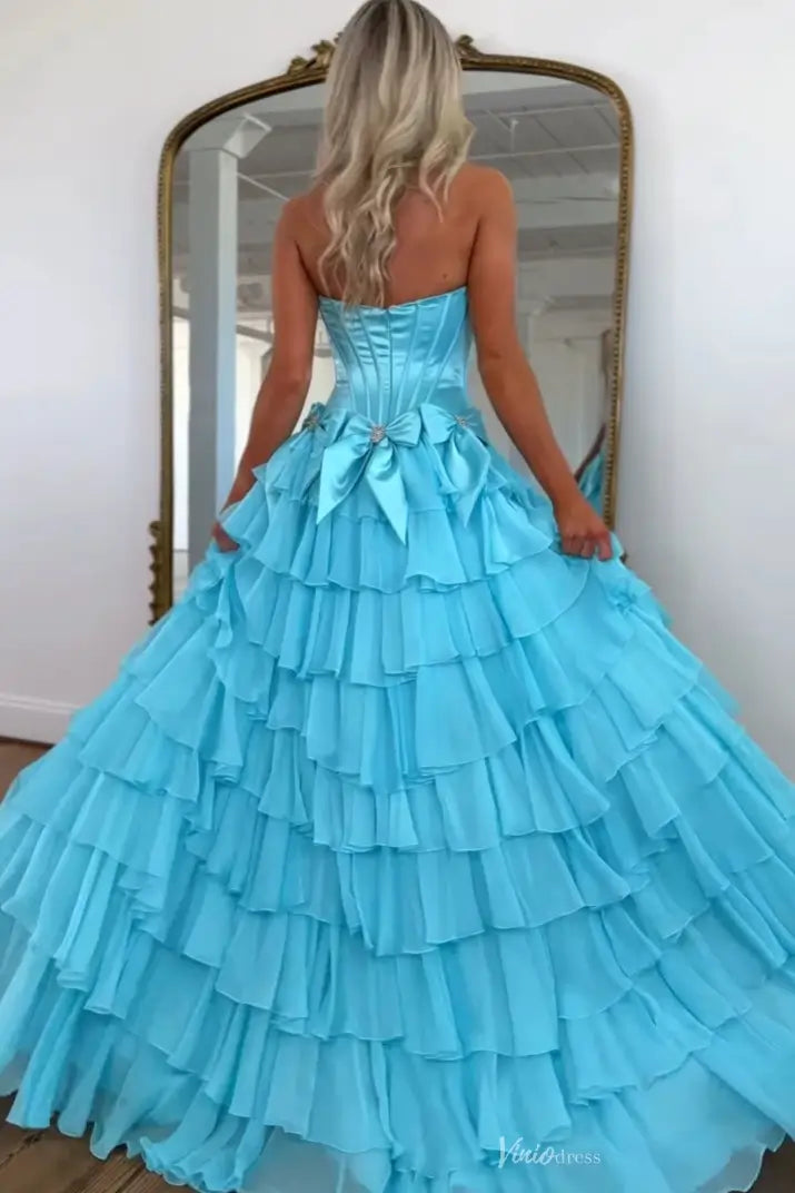 Satin Corset Prom Dress with High Slit Chiffon Ruffle Skirt & Bows RF305-prom dresses 2026-Viniodress-Aqua-Custom Size-