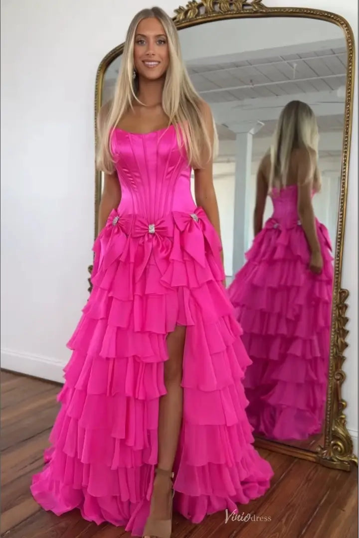 Satin Corset Prom Dress with High Slit Chiffon Ruffle Skirt & Bows RF305-prom dresses 2026-Viniodress-Aqua-Custom Size-