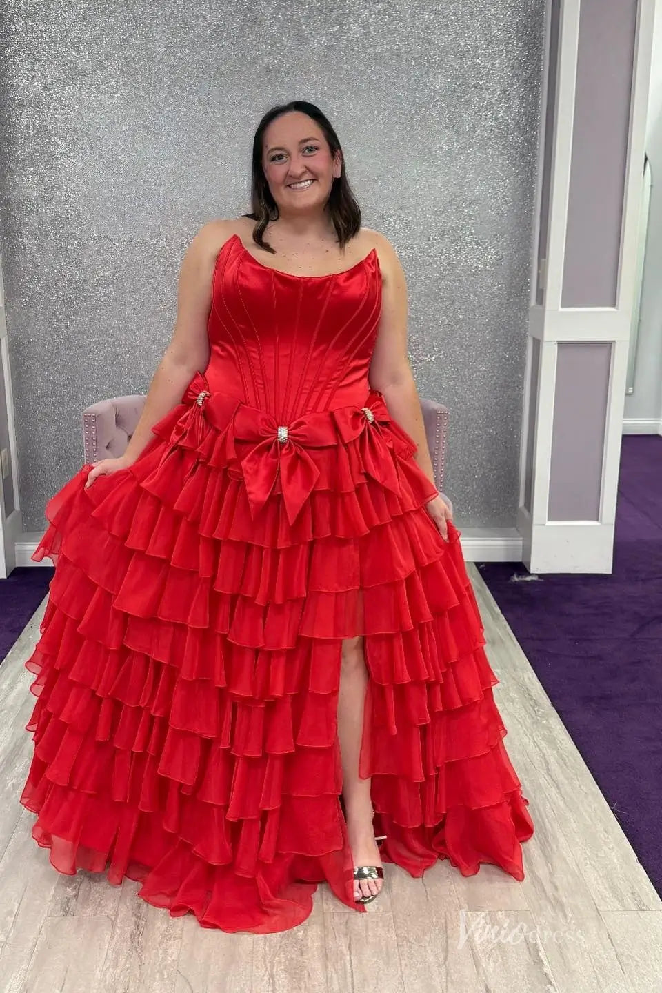 Satin Corset Prom Dress with High Slit Chiffon Ruffle Skirt & Bows RF305-prom dresses 2026-Viniodress-Aqua-Custom Size-