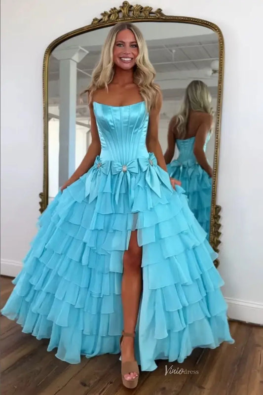 Satin Corset Prom Dress with High Slit Chiffon Ruffle Skirt & Bows RF305-prom dresses 2026-Viniodress-Aqua-Custom Size-