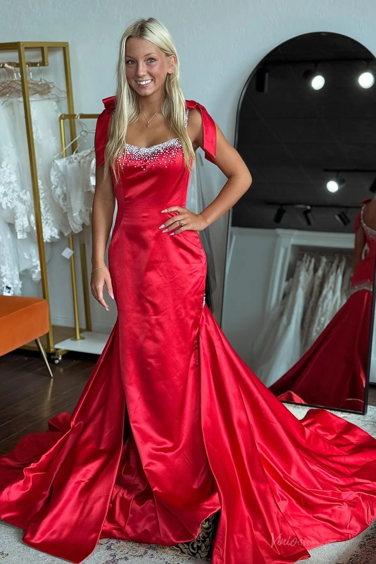 Satin Mermaid Prom Dress with Beaded Neckline, Bow Straps & Flared Train – SS191-prom dresses 2026-Viniodress-Red-Custom Size-