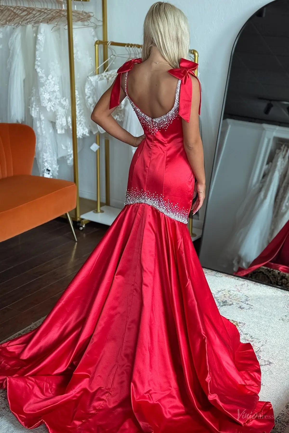 Satin Mermaid Prom Dress with Beaded Neckline, Bow Straps & Flared Train – SS191-prom dresses 2026-Viniodress-Red-Custom Size-