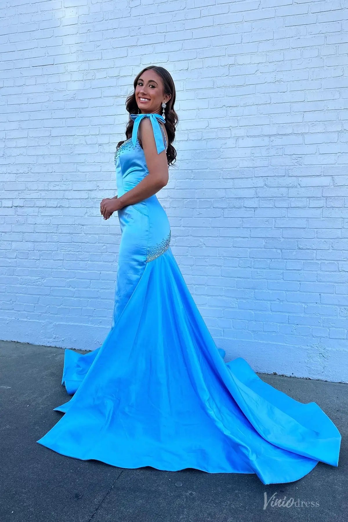 Light Blue Satin Mermaid Prom Dress with Beaded Neckline, Bow Straps & Flared Train – SS191-prom dresses 2026-Viniodress-Light Blue-Custom Size-