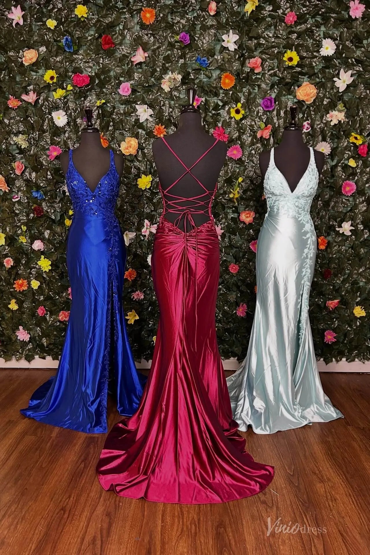 Satin Mermaid Prom Dress with Deep V Neck, Lace Bodice & High Slit – SS140-prom dresses 2026-Viniodress-Blue-Custom Size-
