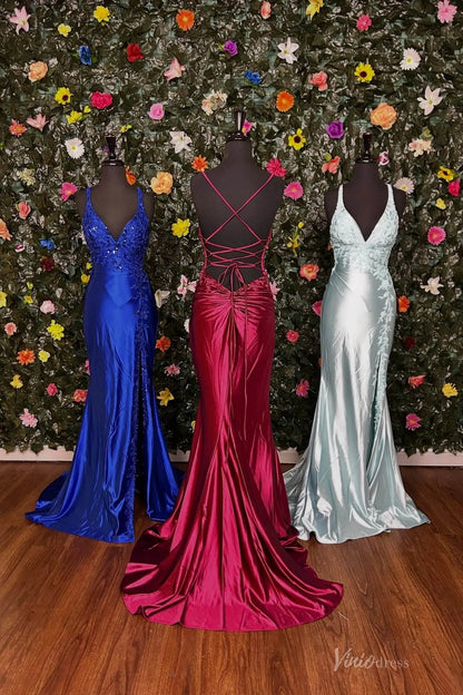 Satin Mermaid Prom Dress with Deep V Neck, Lace Bodice & High Slit – SS140-prom dresses 2026-Viniodress-Blue-Custom Size-