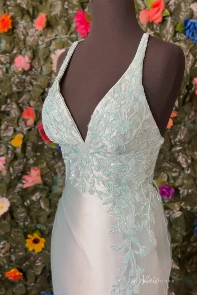 Satin Mermaid Prom Dress with Deep V Neck, Lace Bodice & High Slit – SS140-prom dresses 2026-Viniodress-Blue-Custom Size-