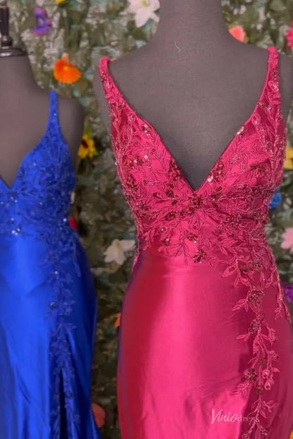 Satin Mermaid Prom Dress with Deep V Neck, Lace Bodice & High Slit – SS140-prom dresses 2026-Viniodress-Blue-Custom Size-