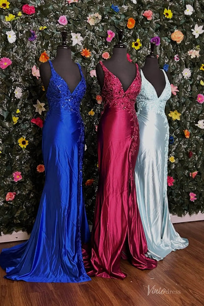 Satin Mermaid Prom Dress with Deep V Neck, Lace Bodice & High Slit – SS140