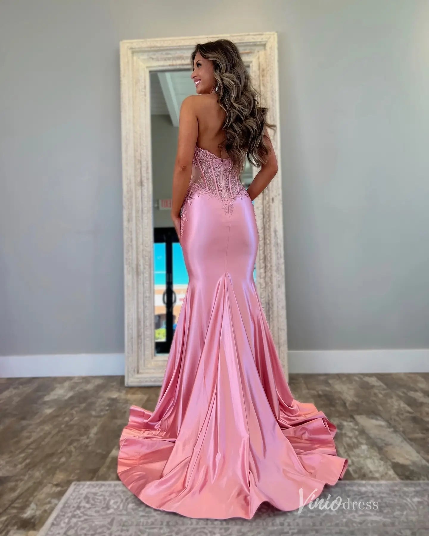 Satin Mermaid Prom Dress with Plunging Halter Neck and Sheer Lace Back – FD5197-prom dresses 2025 -Viniodress-Pink-Custom Size-