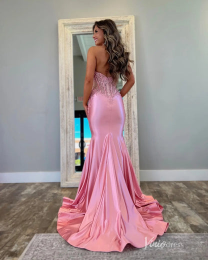 Satin Mermaid Prom Dress with Plunging Halter Neck and Sheer Lace Back – FD5197-prom dresses 2025 -Viniodress-Pink-Custom Size-