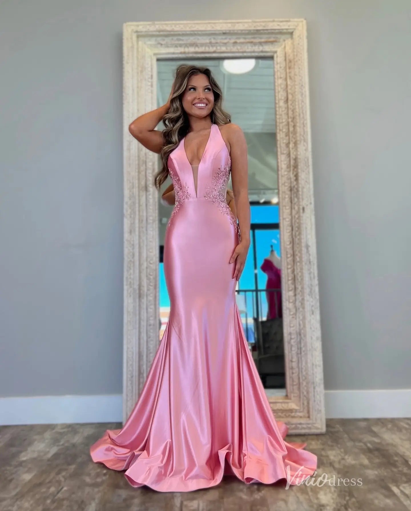 Satin Mermaid Prom Dress with Plunging Halter Neck and Sheer Lace Back – FD5197-prom dresses 2025 -Viniodress-Pink-Custom Size-
