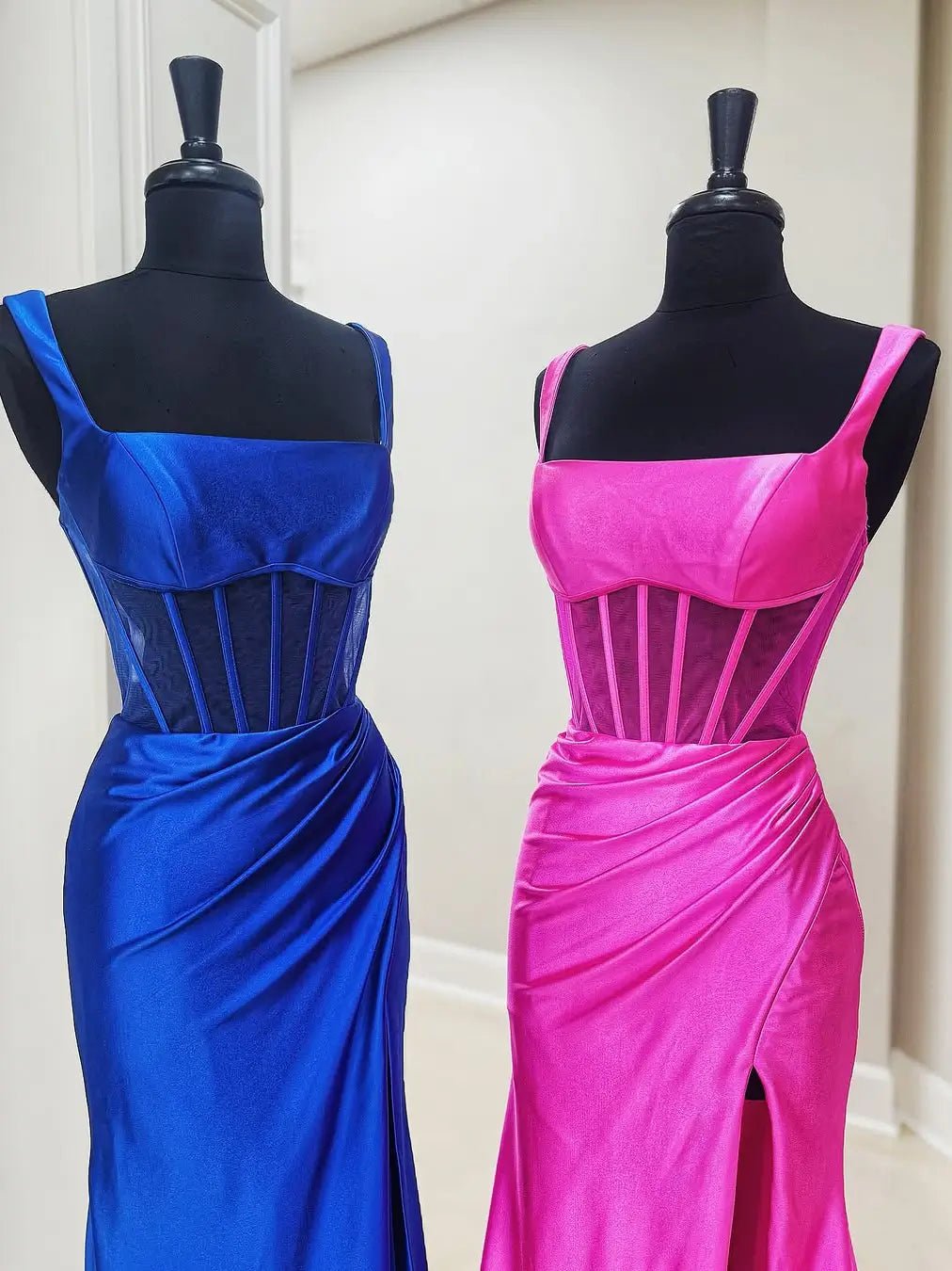 Satin Mermaid Prom Dress with Square Neck, Sheer Boned Bodice & Slit - FD6083-prom dresses 2025 -Viniodress-Blue-Custom Size-